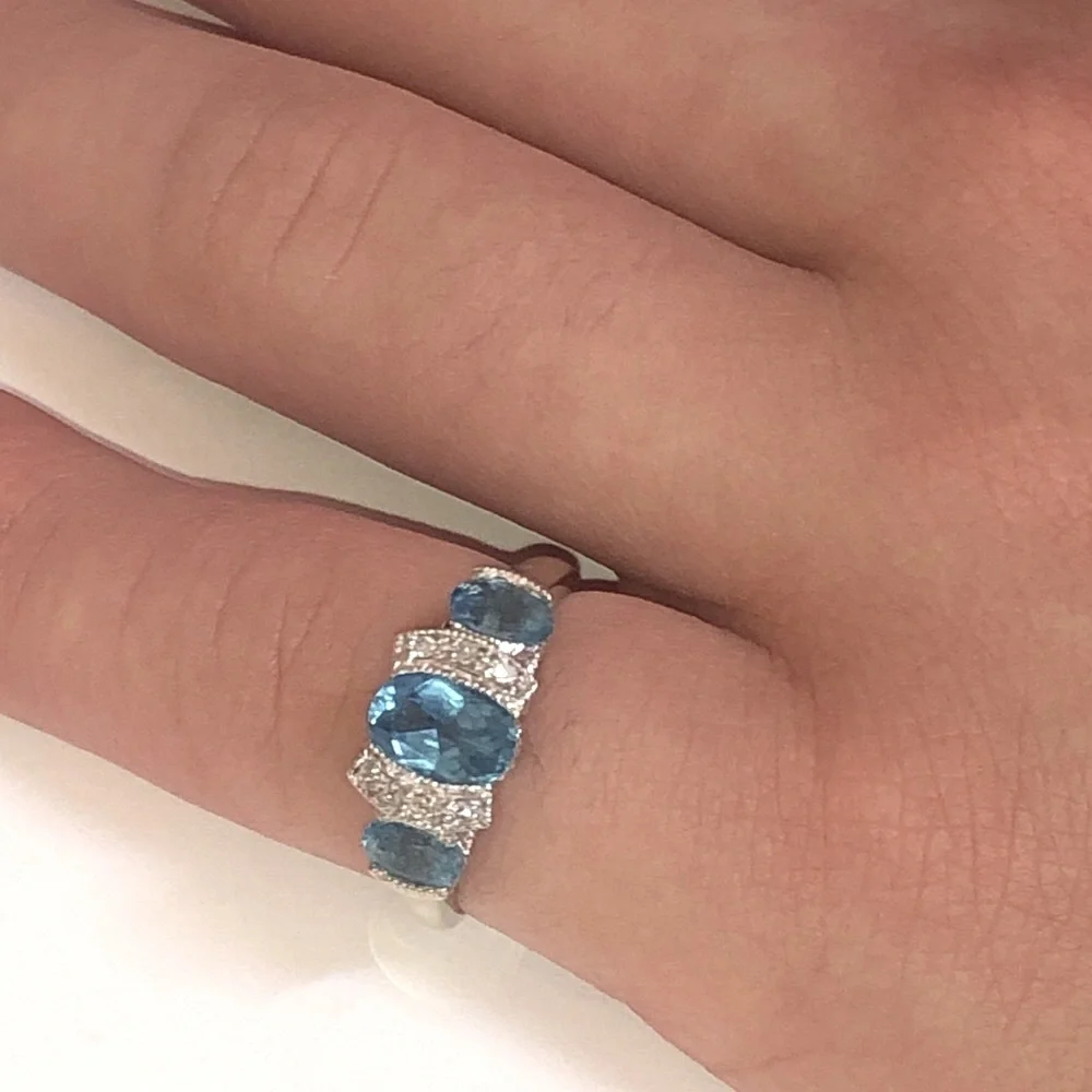 Solid Stamped 14K White Gold Oval Trio Natural Blue Topaz Diamond Ring